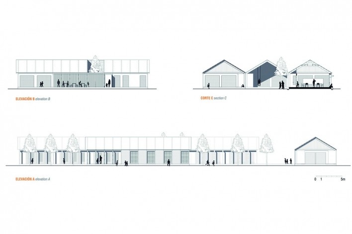 Escuela Primaria Jerusalen de Miñaro, elevaciones y corte, Comunidad nativa de Jerusalén de Miñaro, Pangoa, Satipo, Junín, Perú, 2017. Arquiteta Marta Maccaglia (autora) / Asociación Semillas<br />Imagen divulgación  [Asociación Semillas]