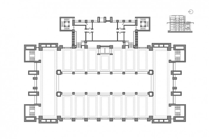 Edifício Larkin, planta segundo pavimento, Buffalo, Nova York, EUA, 1905. Arquiteto Frank Lloyd Wright<br />Imagem reprodução / imagen reproducción  [Website Història en Obres]