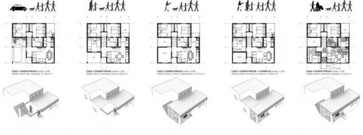 Variações 2D/3D + Ampliações. Concurso Habitação para Todos CDHU.Casas escalonadas-Menção honrosa<br />Autores do projeto  [escritorio premiado]