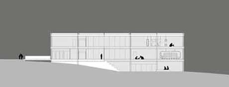 Corte longitudinal - pavimento térreo: espaço auditório, sala de música e dança; primeiro pavimento: espaço multiuso, biblioteca; pavimento superior: espaço de artes, ludoteca<br />Imagem dos autores do projeto 