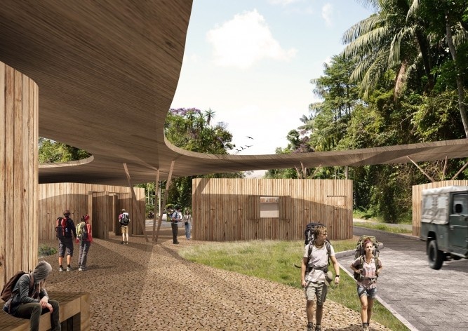 Parque Nacional de Itatiaia, maquete eletrônica do Posto 1(controle de acesso à parte baixa do parque / sistema e material construtivo em madeira laminada colada), Rio de Janeiro Brasil / Minas Gerais Brasil, 2017. Arquitetos Pedro Paes Lira, Manoela Mach<br />Imagem divulgação  [Acervo Natureza Urbana]
