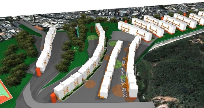 Perspectiva – Implantação em Capão Redondo. Concurso Habitação para Todos. CDHU. Edifícios de 4 pavimentos - Menção honrosa.<br />Autores do projeto  [equipe premiada]