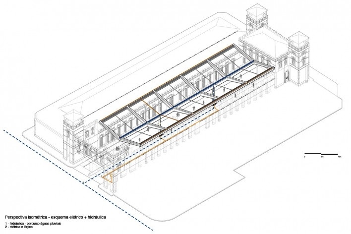 Cobertura do Mercado Público de Florianópolis, perspectiva isométrica de esquema elétrico e hidráulico, 2016. Arquitetos Gustavo Correia Utrabo e Pedro Lass Duschenes<br />Imagem divulgação 