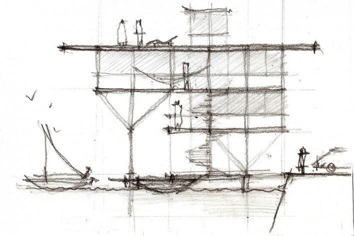 Casa do Lucas, corte, beira de lago genérico, arquiteto Marcos Acayaba