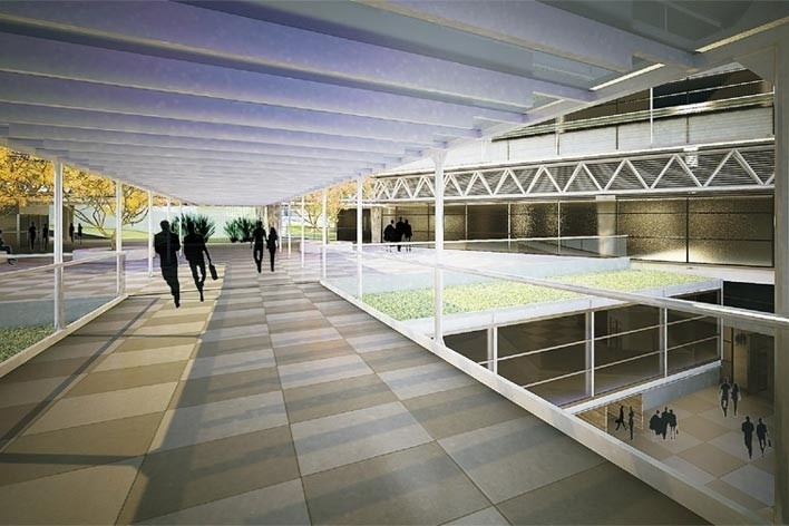 Centro de Referência em Empreendedorismo do Sebrae-MG, passarela de conexão entre os edifícios, 3º lugar. Arquiteto Enrique Hugo Brena, 2008<br />Desenho escritório 