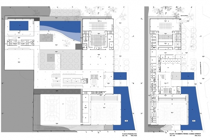 Concurso de Propostas Arquitetônicas para o futuro SESC Guarulhos, plantas do 1º pavimento e pavimento térreo (acesso inferior), 4º lugar. Escritório Libeskind Llovet Arquitetos<br />Desenhos do escritório 