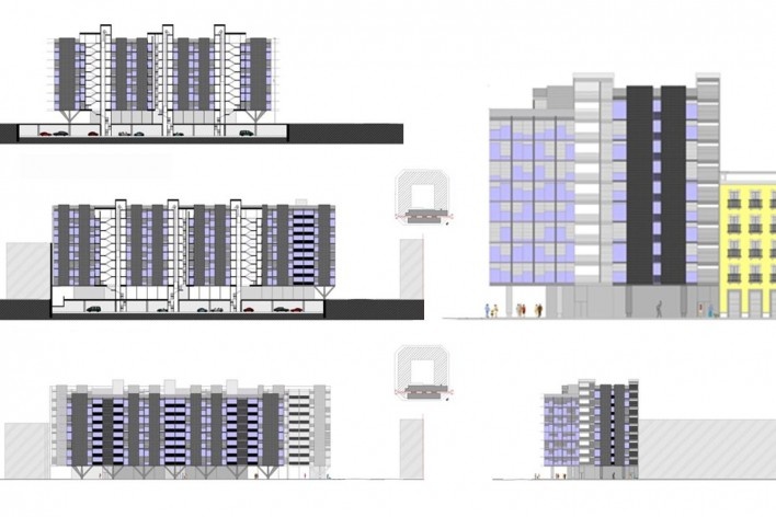 Seccions y alzados del edificio Mediterráneo<br />Elaboración Nicolás Sica Palermo 