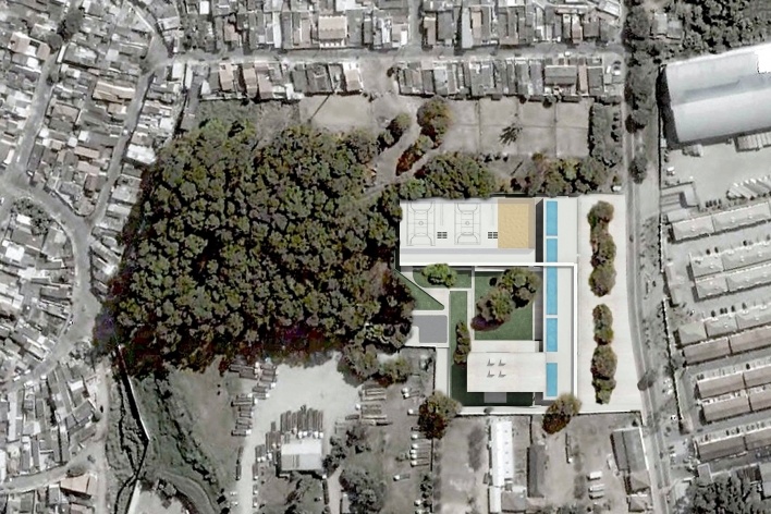 Concurso de Propostas Arquitetônicas para o futuro SESC Guarulhos, 6º lugar, implantação. Escritório MMBB Arquitetos<br />Desenho divulgação 
