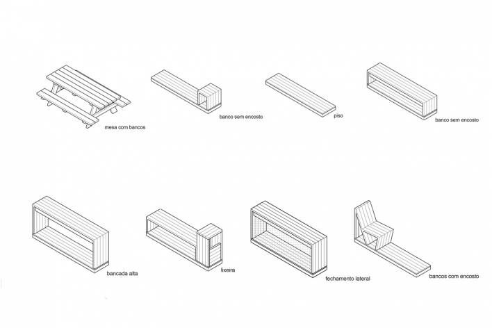 Parklet Padre João Manuel, tipologias de mobiliário. Zoom, Contain It, H2C e Superlimão