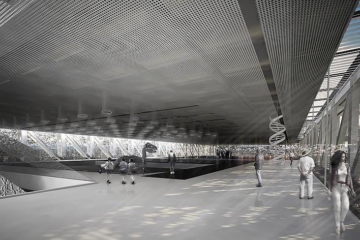 Concurso Internacional para Projeto Arquitetônico do Museu Exploratório de Ciências da Unicamp, vista interna da exposição temporária, 1º lugar. Arquitetos Reinaldo Nishimura, Daniel Corsi e Dani Hirano, 2009<br />Imagem equipe 