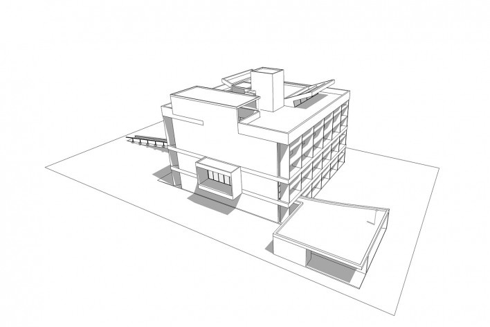 Associação da Indústria Têxtil, vista externa do edifício, Ahmedabad, Gujarat, Índia, 1954. Arquiteto Le Corbusier<br />Elaboração/ Elaboración Edson Mahfuz 