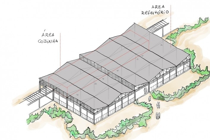Refeitório e Centro de Nutrição, croquis refeitório, Campo da Paz, Madagascar, 2021. Arquitetos Dante Furlan, Bruno Milan, Lais Santos, Daniella Matavelli, Priscila Alexandre / Bernardes Arquitetura/Arquitetura Sem Fronteiras<br />Imagem divulgação  [Bernardes Arquitetura]