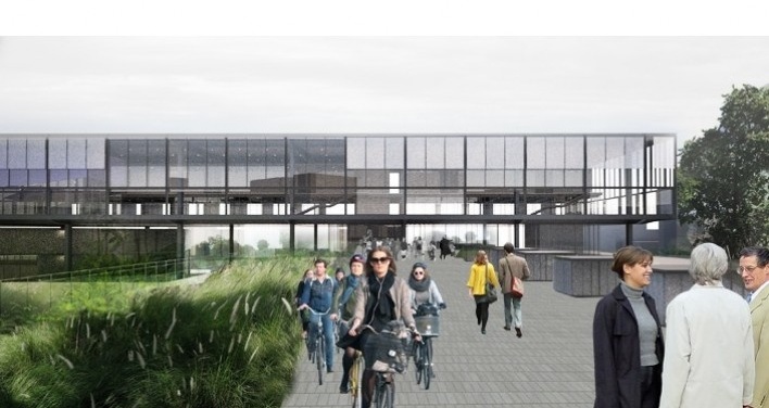 Eixo de entrada pela cota mais elevada do terreno: tratamento paisagístico emoldurando espaços de convivência