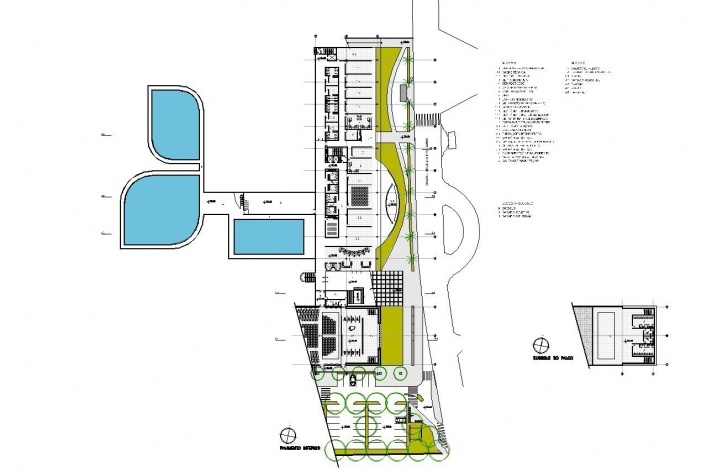 Concurso de Propostas Arquitetônicas para o futuro SESC Guarulhos, 5º lugar, planta pavimento inferior. Escritório Ricoy Torres Consultoria e Projetos<br />Desenho divulgação 
