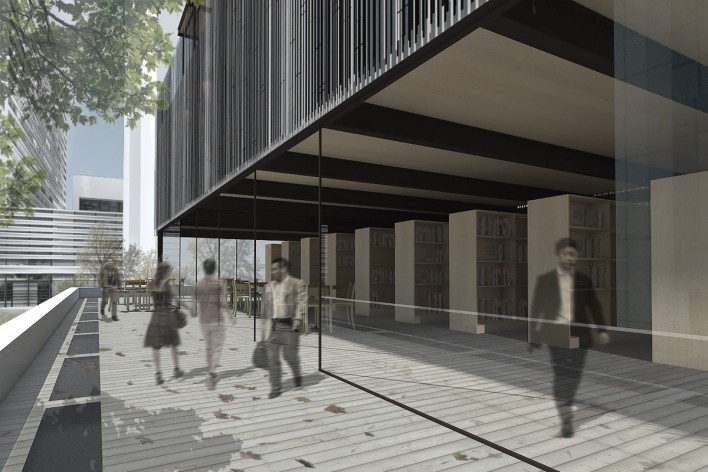 Museu da Diversidade Sexual, varanda da biblioteca. Hereñú + Ferroni Arquitetos, 2014<br />Imagem divulgação 