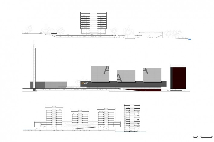 Campus UFABC, cortes transversal, longitudinal e elevação, Santo André SP Brasil, 2006. Arquitetos Claudio Libeskind, Sandra Llovet, David Ruscalleda e Mario Lotfi / Libeskindllovet Arquitetos<br />Imagem divulgação  [Libeskindllovet Arquitetos]