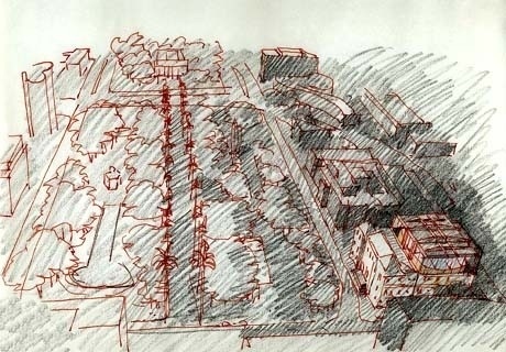 Vista aérea noturna – inserção do novo em relação ao edifício antigo e à Praça da Liberdade<br />Imagem dos autores do projeto 