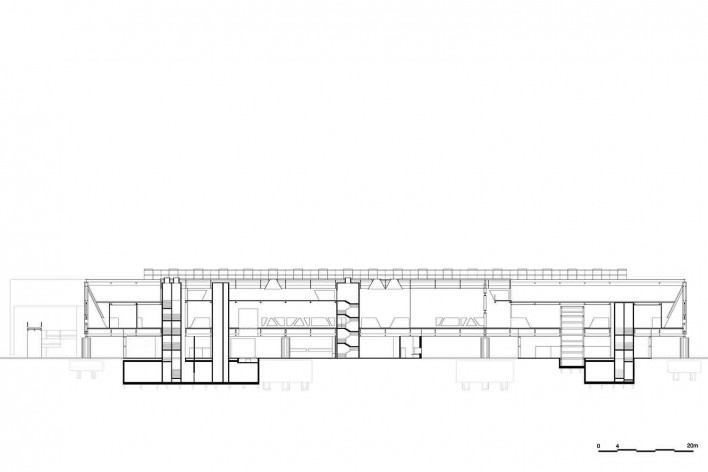 Museu Nacional dos Coches, corte longitudinal do pavilhão principal, Lisboa. Arquiteto Paulo Mendes da Rocha, MMBB arquitetos e Bak Gordon arquitetos<br />Imagem divulgação 