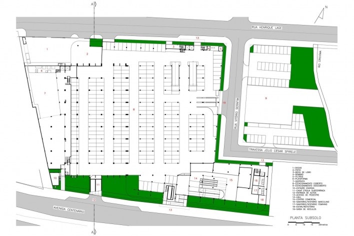 Supermercado Angeloni, planta do subsolo, Criciúma, 1976-1978 (original) e 2009-2011 (reforma e ampliação). Douglas Piccolo Arquitetura