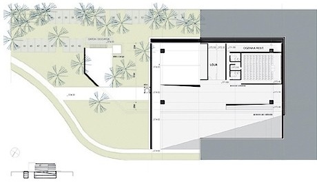 Planta nível 374,00 e 375,50 – Praça, loja e cinema<br />Imagem dos autores do projeto 