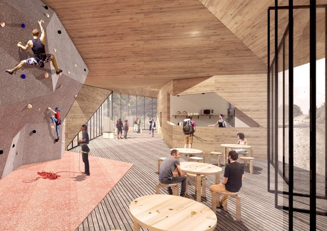 Parque Nacional de Itatiaia, maquete eletrônica do Núcleo da Montanha (receptivo da parte alta, perspectiva interna / sistema construtivo em woodframe), Rio de Janeiro Brasil / Minas Gerais Brasil, 2017. Arquitetos Pedro Paes Lira, Manoela Machado, Camila<br />Imagem divulgação  [Acervo Natureza Urbana]