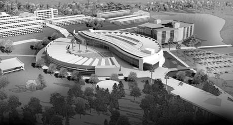 Vista geral da proposta identificando setores adiministrativo e shopping center integrados pela praça Unicidade<br />Imagem dos autores do projeto 