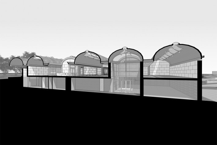 Museu de Arte Kimbell, corte perspectivado, Fort Worth, Texas, EUA, 1972. Arquiteto Louis I. Kahn<br />Modelo tridimensional Miguel Bernardi / Imagem Edson Mahfuz 