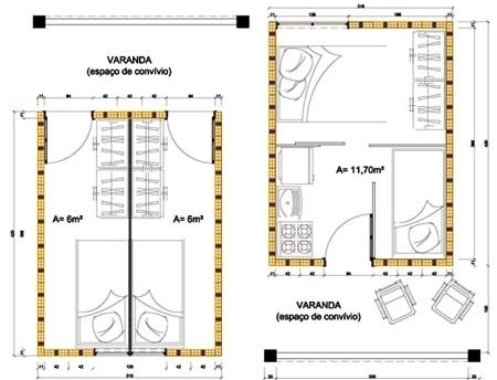 Convivência: apartamentos com medidas mínimas necessárias para a família de catadores, com renda em média de 1 salário mínimo. Alguns catadores são solteiros. A solução foi criar um módulo divisível, adaptando um apartamento família para dois solteiros. A<br />Imagem dos autores do projeto 