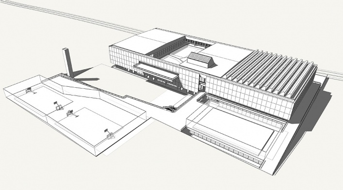 Concurso de Propostas Arquitetônicas para o futuro SESC Guarulhos, volumetria, 8º lugar. Andrade Morettin Arquitetos<br />Desenho equipe 