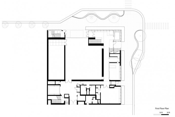 New Aspen Art Museum, Colorado, first floor plan. Shigeru Ban Architects