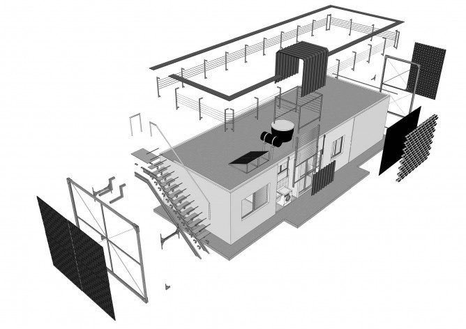 Perspectiva Explodida da Casa de Borracha de Pneu. Menção Honrosa - casas térreas- no Concurso Público Nacional de Arquitetura para Novas Tipologias de Habitação de Interesse Social Sustentáveis <br />Autores do projeto  [escritorio premiado]