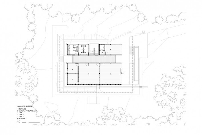 Sede Administrativa Fundação Florestal — Juréia-Itatins, planta pavimento superior, Peruíbe SP, 2019. 23 Sul Arquitetura<br />Imagem divulgação  [23 Sul Arquitetura]