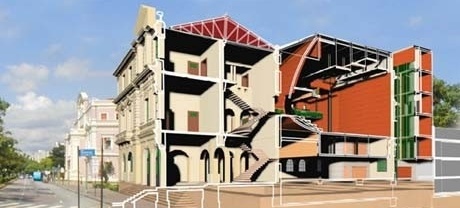 Corte no edifício antigo e anexo contemporâneo<br />Imagem dos autores do projeto 