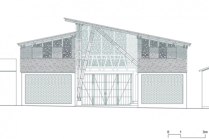 Centro Cultural Chamanga, fachada, San José de Chamanga, Esmeraldas, Ecuador, 2018. Atarraya Taller de Arquitectura, Opción Más Chamanga, Universidad de Ciencias Aplicadas de Munich, Universidad Estatal de Portland y Universidad de Tokio<br />Imagen divulgación  [Atarraya Taller de Arquitectura]