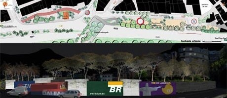 Nova fachada urbana – planta baixa e vista noturna com propagandas nos muros como fonte de renda para comunidade<br />Imagem do autor do projeto 