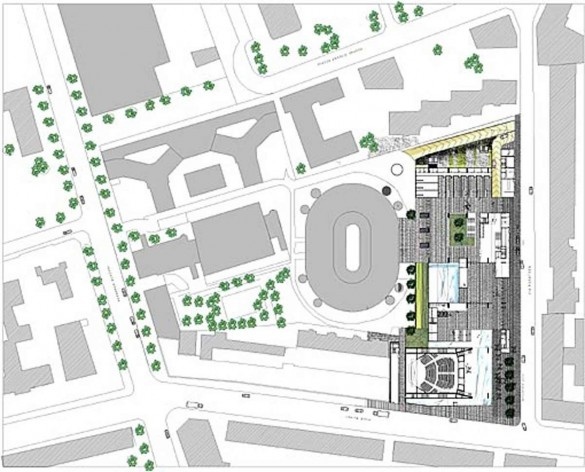 Nova Bocconi, implantação desenhada pelo escritório Grafton Architects, com os limites dos edifícios do entorno e a articulação com o edifício de planta elíptica de Ignazio e Jacopo Gardella. Desenho para o concurso de 1999-2000<br />Desenho Grafton Architects 