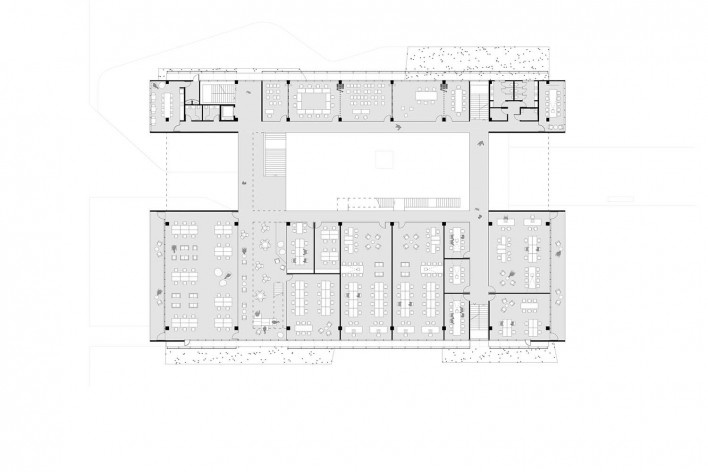 Ágora Tech Park, planta primeiro pavimento, Joinville SC Brasil, 2019. Arquitetos Marcus Vinicius Damon, Guilherme Bravin e Andressa Diniz / Estúdio Módulo<br />Imagem divulgação  [Estúdio Módulo]