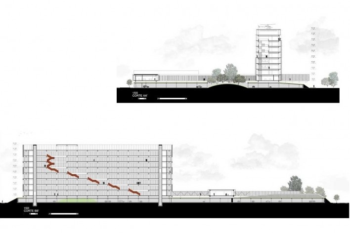 Concurso Sistema Fecomércio‐RS, cortes da primeira etapa. V.A. Arquitetura / Emerson Vidigal, 1º lugar, 2011