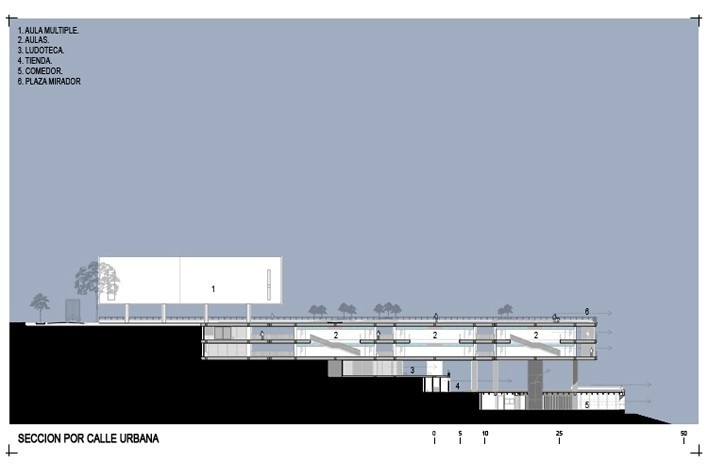 Sección longitudinal por corredor de aulas. Colegio Santo Domingo Savio. Medellín, Colombia. 2008<br />Obranegra arquitectos 