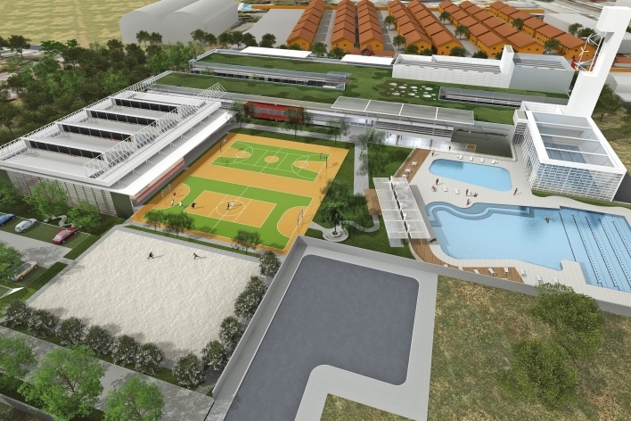 Concurso de Propostas Arquitetônicas para o futuro SESC Guarulhos, 9º lugar. Batagliesi Arquitetos + Designers<br />Desenho dos autores 