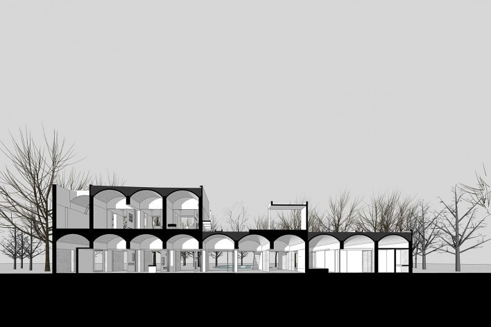 Casa Sarabhai, corte, Shadibag, Ahmedabad, India, 1952-55. Arquiteto Le Corbusier<br />Modelo tridimensional Matheus Bragagnolo / Imagem Edson Mahfuz 