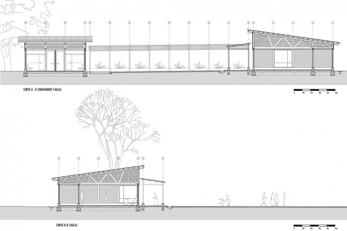 Centro de Cultura y Ecología Quiané, cortes AA y BB, Santa Catarina Quiané, Oaxaca, México, 2020. Atarraya Taller de Arquitectura; DesignBuild Studio; Universidad de Ciencias Aplicadas de Múnich; Frente por la Defensa de la Tierra; Comunidad de Santa Cata<br />Imagen divulgación  [Atarraya Taller de Arquitectura]