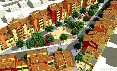 Perspectiva aérea do conjunto - destaque para a praça central<br />Imagem dos autores do projeto 