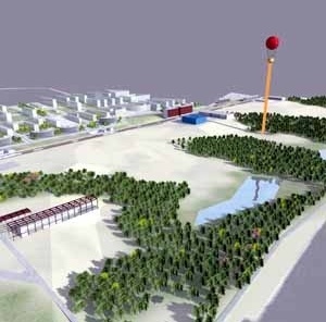 Vista do Parque com Escola de Ecologia<br />Imagem do autor do projeto 
