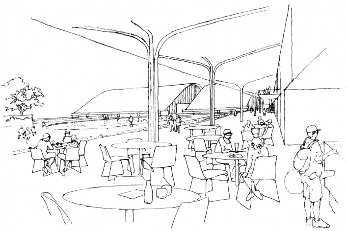 Concurso de Propostas Arquitetônicas para o futuro SESC Guarulhos, 5º lugar, vista do restaurante em direção às áreas externas. Escritório Ricoy Torres Consultoria e Projetos<br />Desenho divulgação 