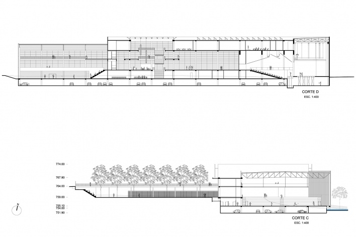 Concurso de Propostas Arquitetônicas para o futuro SESC Guarulhos, cortes, 4º lugar. Escritório Libeskind Llovet Arquitetos<br />Desenhos do escritório 