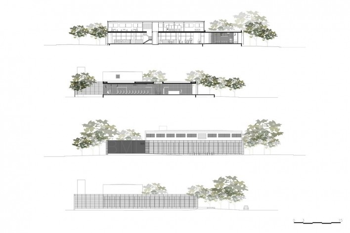 Renovação da Biblioteca Monteiro Lobato, cortes AA, BB e elevações, São Bernardo do Campo SP Brasil, 2014. Arquitetos Marta Moreira e Milton Braga / MMBB Arquitetos<br />Imagem divulgação  [MMBB Arquitetos]