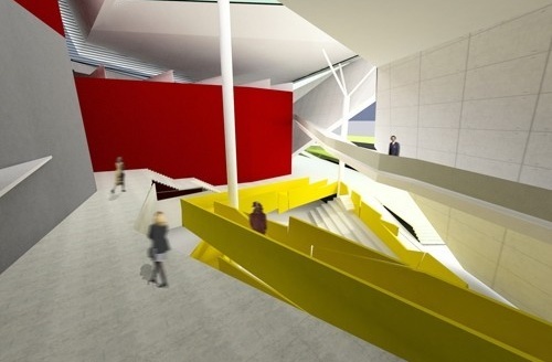 Perspectiva do foyer com o auditório interno e a passarela perimetral<br />Imagem do autor do projeto 