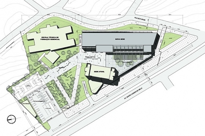 Centro de Referência em Empreendedorismo do Sebrae-MG, implantação, 2º lugar. Arquiteto Francisco Spadoni, 2008<br />Desenho escritório 