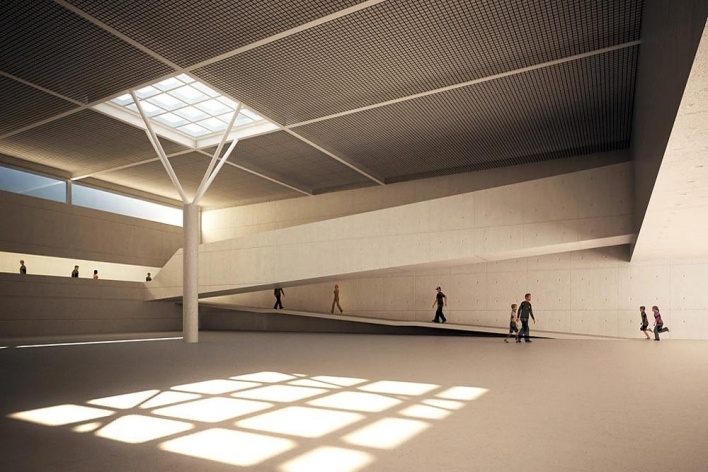 Concurso Internacional para Projeto Arquitetônico do Museu Exploratório de Ciências da Unicamp, vista interna da exposição temporária, menção honrosa. Arquitetos Fábio Boretti, Bernardo Telles e Luis Alexandre Pereira Pinto, 2009<br />Imagem equipe 